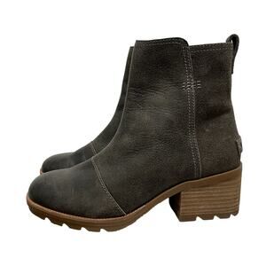 Sorel Womens Cate Leather Heeled Ankle Boots US 7 Army Green Waterproof Side Zip